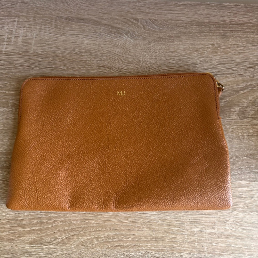 Mark and Graham Camel Pebbled Leather Zip Clutch Monogram MJ Tan Pouch Organzier